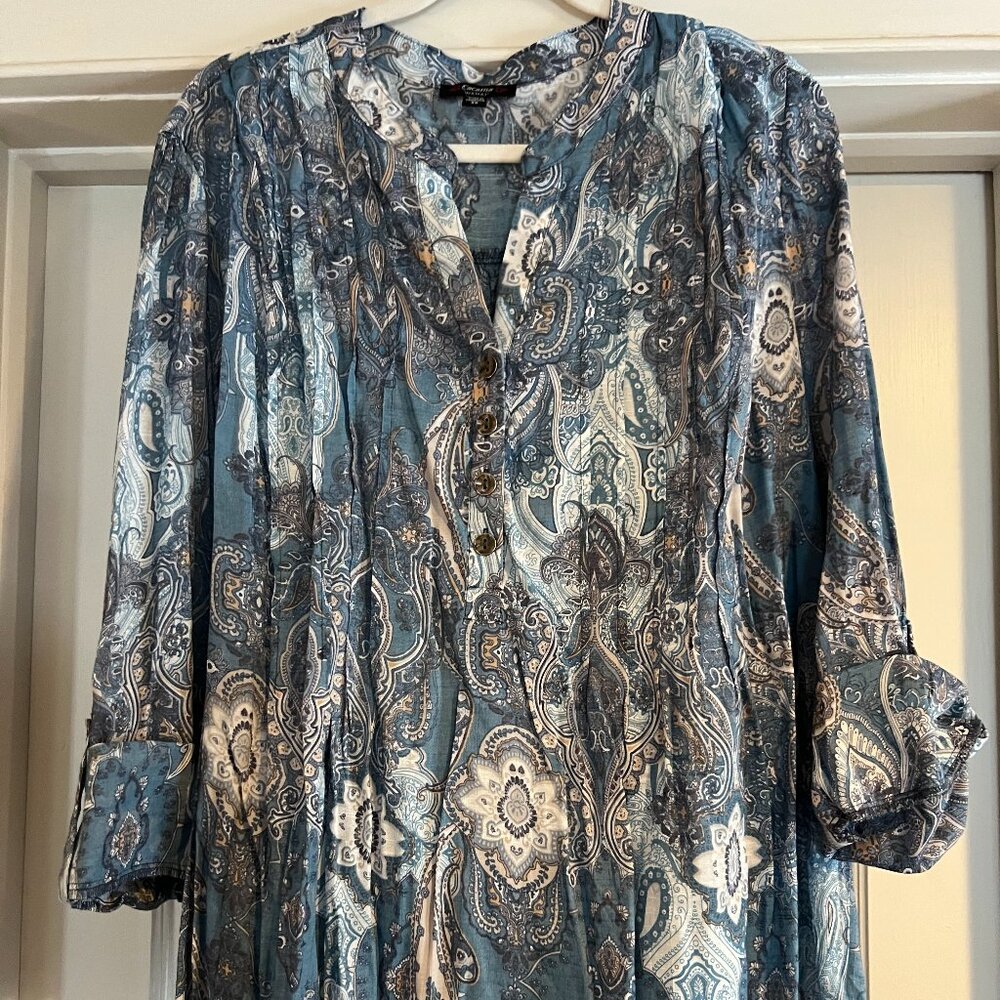 Blue paisley linen like popover blouse